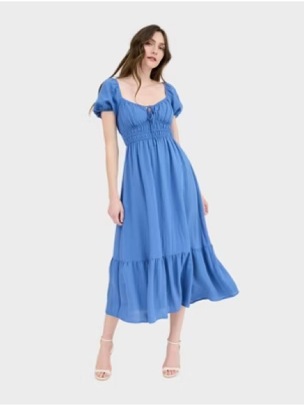 Sky-Blue Smocked Midi Dress With Puff Sleeves